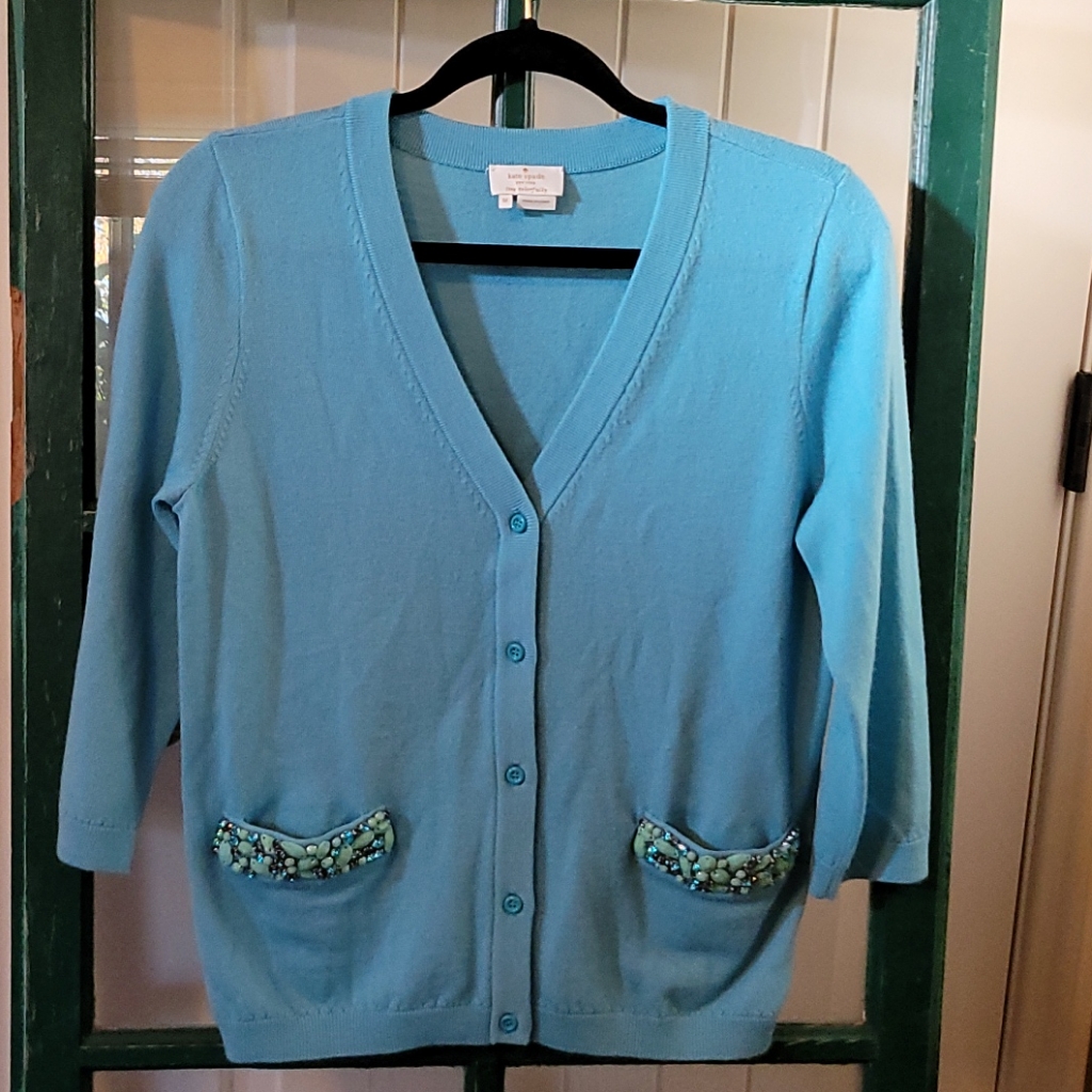 Kate Spade M Blue Cardigan 100% Wool So Cute